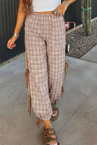 Women's Chestnut Plaid Jogger Pants with Elastic Waist and Bow Tie – Trendy Casual Fit for Effortless Everyday Style