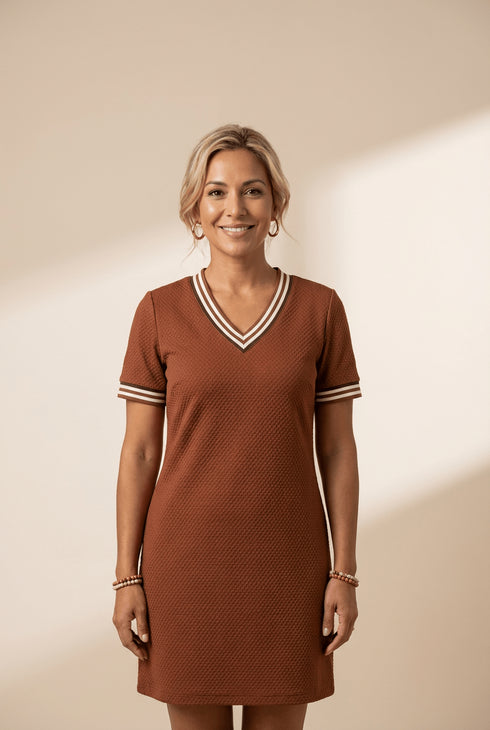 Women's Chestnut Textured Shift Mini Dress with Contrast Trim