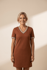 Women's Chestnut Textured Shift Mini Dress with Contrast Trim