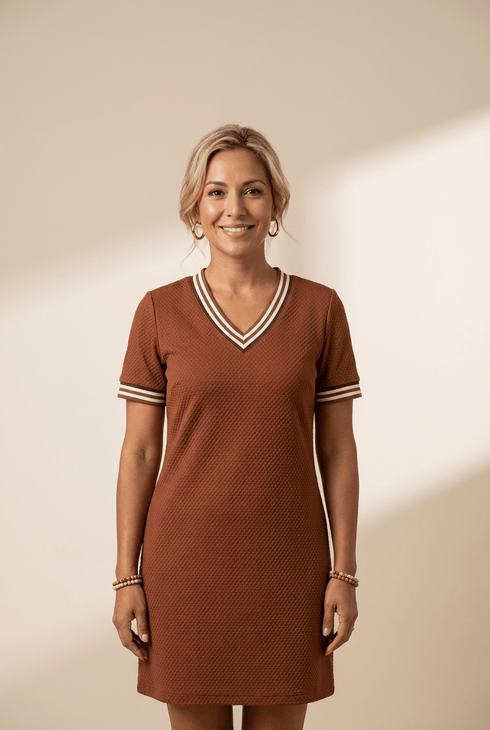 Chestnut Textured Contrast Striped Split Neck Long Sleeve Shift Mini Dress