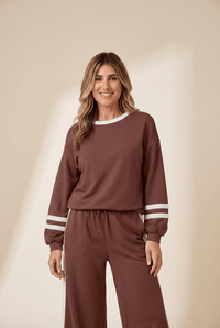 Women's Chestnut Varsity Stripe Puff Sleeve Pullover and Wide Leg Pant Set with practical styling and dependable silhouette control.
