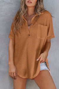 women's chestnut waffle polo tee with round hem and pocket - comfortable, breathable casual top for everyday style with practical styling and