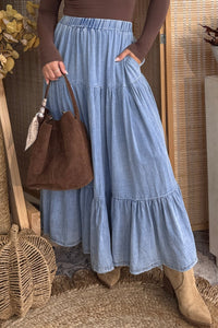 Women's Chic Boho Women's Flared Maxi Skirt in Beau Blue with Ruffled Tiers and Comfortable Elastic Waist for Effortless Style
