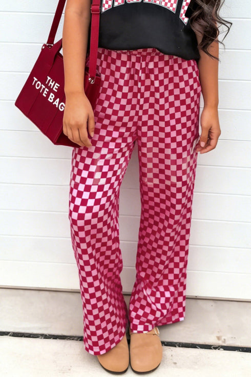 Women's Chic Rose Plaid Full-Length Shift Pants with Elastic Waist for Effortless Comfort and Style