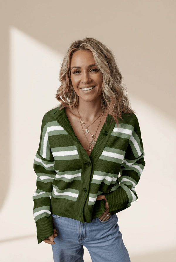 Women's Chic Women's Green Striped Drop Shoulder Cardigan Sweater with Buttons - Cozy Casual Layer for Effortless Style
