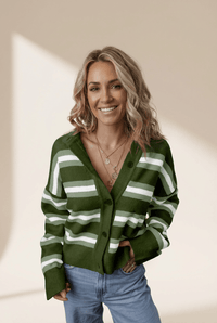 Women's Chic Women's Green Striped Drop Shoulder Cardigan Sweater with Buttons - Cozy Casual Layer for Effortless Style
