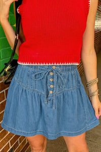 Women's Chic Women's Sky Blue High Waist Pleated Denim Mini Skirt with Drawstring and Half Buttons for Effortless Summer Style