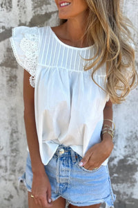 Women's Chic Women's White Lace Flutter Sleeve Blouse with Pleats - Versatile Round Neck Top for Effortless Elegance