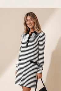 Women's Classic Striped Long Sleeve Polo Shift Dress with Pockets