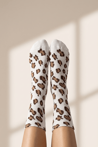 Women's Classic White Leopard Print Crew Socks in Soft Cotton-Blend