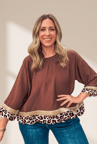 Women's Clay Brown Bracelet Sleeve Blouse with Leopard Print Hem