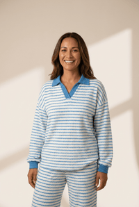 Women's Coastal Stripe V-Neck Polo Pullover and Wide-Leg Pant Set with practical styling and dependable silhouette control.
