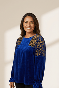 Women's Cobalt Blue Velvet Leopard Patchwork Blouse