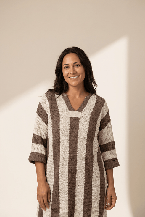 Women's Cocoa Brown Vertical Stripe Bracelet Sleeve Knit Sweater