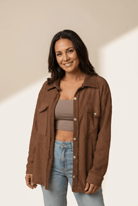 
Women's Coffee Brown Terry Cotton Shacket with Exposed Seams