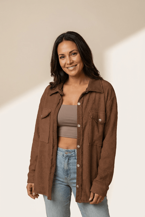 Women's Coffee Brown Terry Cotton Shacket with Exposed Seams