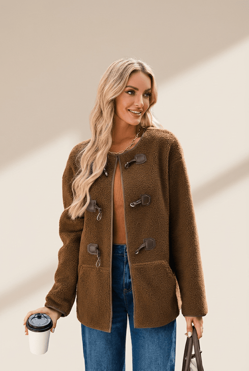 Women's Coffee Brown Textured Teddy Coat with Toggle Closure