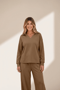 Women's Coffee Brown V-Neck Collared Top and Wide-Leg Pant Set with practical styling and dependable silhouette control.