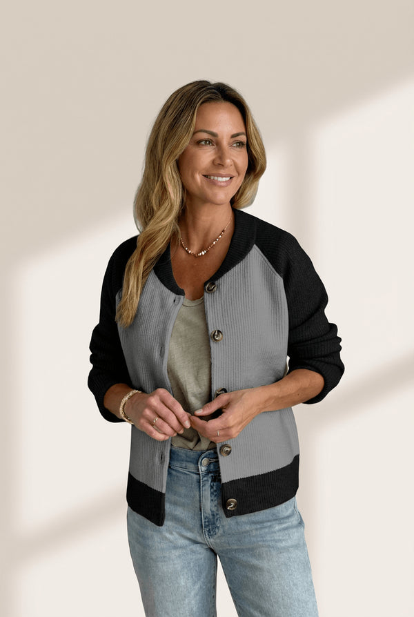 Women's Color-Block Ribbed Knit Cardigan in Black and Slate Grey