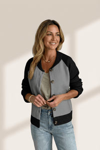 Women's Color-Block Ribbed Knit Cardigan in Black and Slate Grey