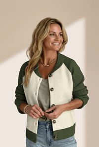 Women's Color Block Ribbed Knit Cardigan in Olive and Cream with practical styling and dependable silhouette control.