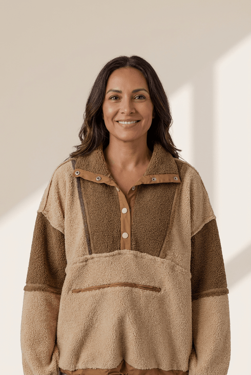 Women's Color Block Sherpa Half-Snap Pullover in Straw and Olive with practical styling and dependable silhouette control.