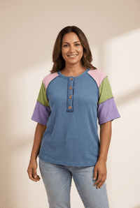 Women's Colorblock Ribbed Henley Tee with Decorative Buttons