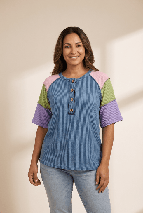 Women's Colorblock Ribbed Henley Tee with Decorative Buttons