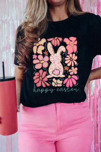 women's comfortable black casual tee with happy easter bunny and floral print - perfect for spring celebrations with practical styling and dependable