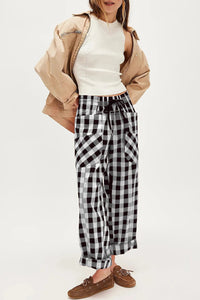 Women's Comfortable Black Checkered Casual Pants with Drawstring Waist and Double Pockets for Effortless Everyday Style