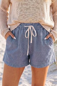 Women's Comfortable Blue Stripe Denim Shorts with Drawstring Waist for Effortless Summer Casual Style