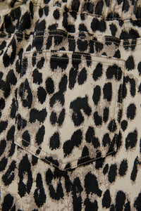 Brown Retro Leopard Print Lace-up Elastic Waistband Mid Rise Denim Shorts