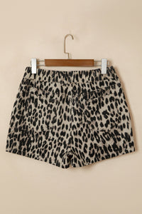 Brown Retro Leopard Print Lace-up Elastic Waistband Mid Rise Denim Shorts