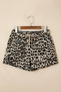 Brown Retro Leopard Print Lace-up Elastic Waistband Mid Rise Denim Shorts