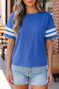 Women's Comfortable Dark Blue Varsity Striped Short Sleeve Tee - Casual Crew Neck Top for Everyday Style