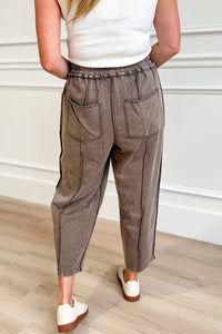 Dark Brown Mineral Wash Exposed Seam Detail Drawstring Elastic Waist Loose Pants