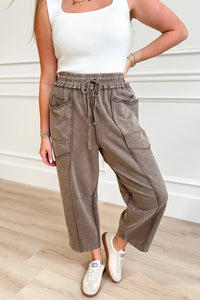 Dark Brown Mineral Wash Exposed Seam Detail Drawstring Elastic Waist Loose Pants