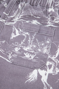 Gray Western Print Elastic Waist Cotton Denim Shorts