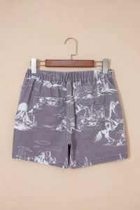 Gray Western Print Elastic Waist Cotton Denim Shorts