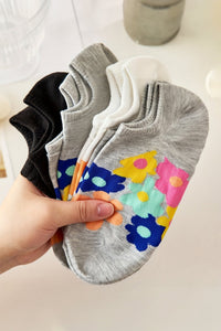 Women's Comfortable Light Grey Cotton Ankle Socks - 4 Pairs with Vibrant Flower Print for Everyday Style