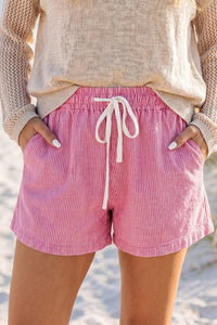 Women's Comfortable Pink Stripe Denim Shorts with Drawstring Waist for Casual Summer Style and Easy Fit
