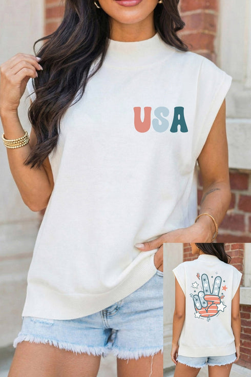 Women's Comfortable White Patriotic Victory Mock Turtleneck Tee - Double-Sided Print for Casual Summer Style