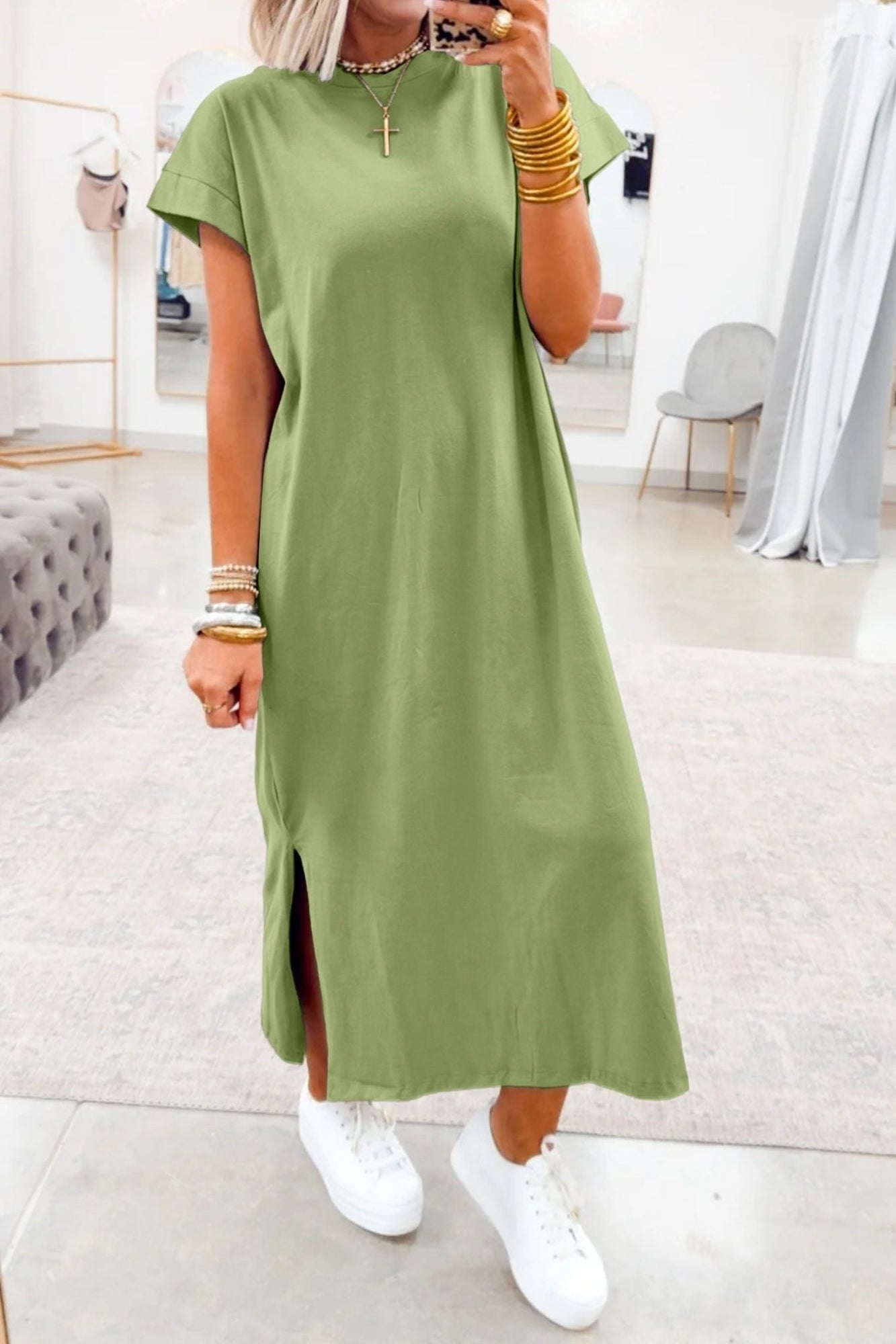Women's Comfy Green Bay Long T-Shirt Dress with Side Slits – MsDressly