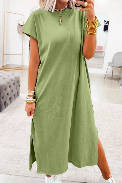 Women's Comfy Green Bay Long T-Shirt Dress with Side Slits - Perfect Casual Summer Style for Relaxed Outings