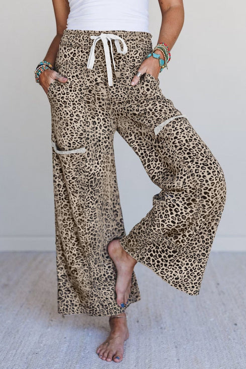 Women's Khaki Leopard Print Wide Leg Terry Knit Pants
