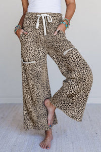 Women's Khaki Leopard Print Wide Leg Terry Knit Pants