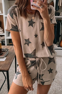Women's Comfy Khaki Camo Star Print Lounge Set - Relaxed Short Outfit for Casual Days and Effortless Style