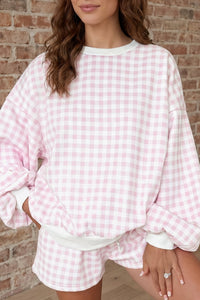 Women's Comfy Pink Plaid Baggy Pullover & Drawstring Shorts Set - Stylish Summer 2-Piece Outfit for Casual Wear