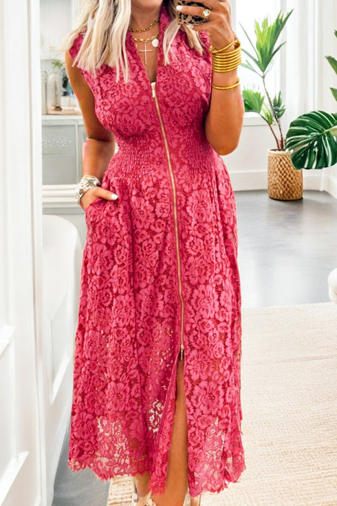 Women's Coral Floral Lace Overlay V-Neck Sleeveless Dress with Smocked Waist - Ideal Summer Event Wear