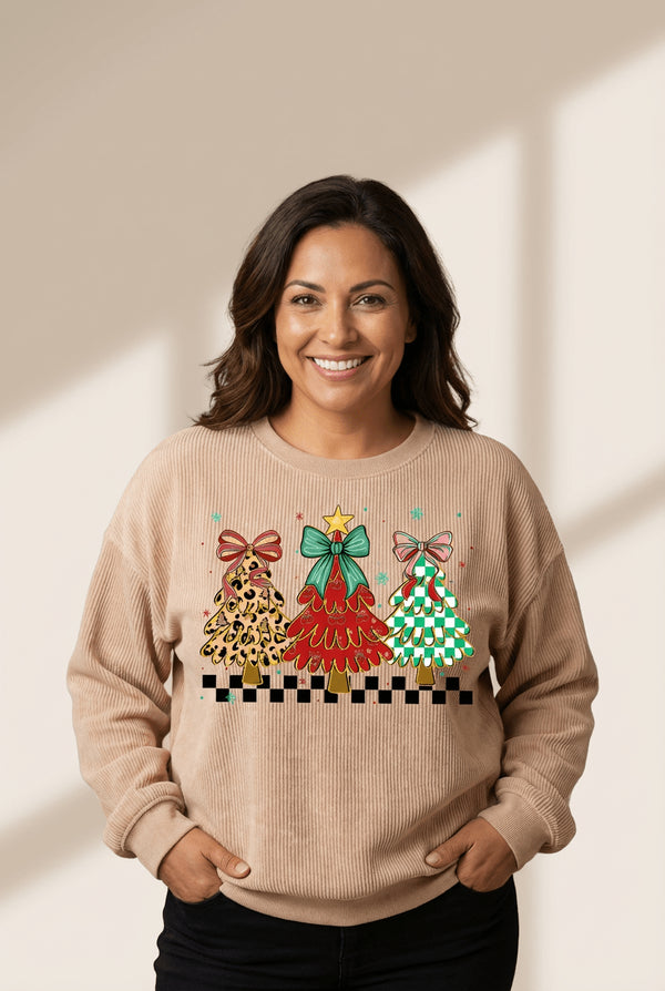 Women's Corded Ribbed Apricot Christmas Tree Graphic Sweatshirt